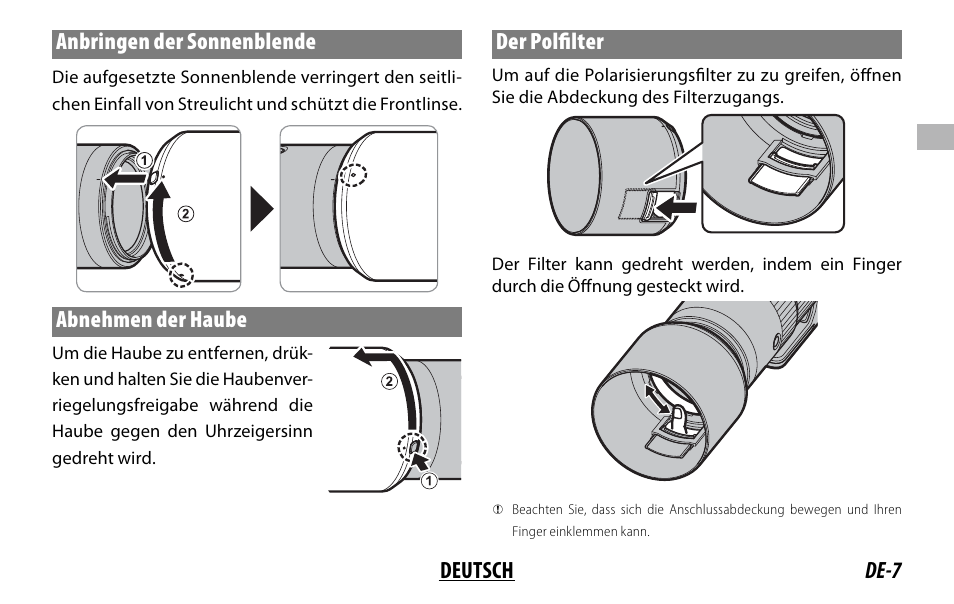 De-7 deutsch anbringen der sonnenblende, Abnehmen der haube, Der polfi lter | FujiFilm XF 150-600mm f/5.6-8 R LM OIS WR Lens User Manual | Page 43 / 204