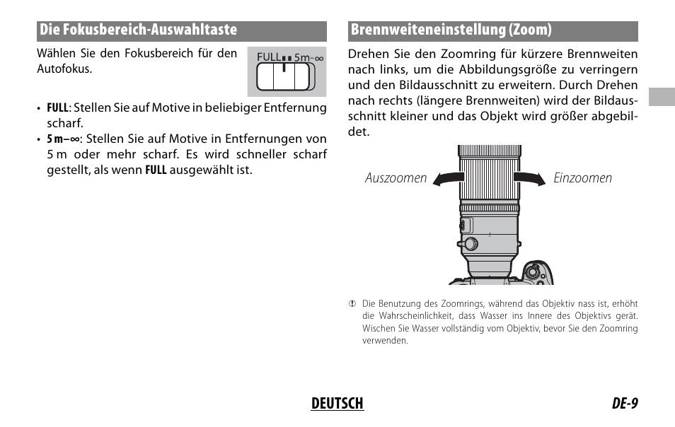 De-9 deutsch die fokusbereich-auswahltaste, Brennweiteneinstellung (zoom) | FujiFilm XF 150-600mm f/5.6-8 R LM OIS WR Lens User Manual | Page 45 / 204