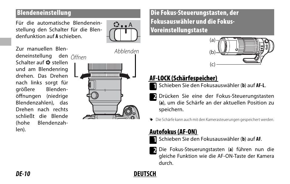 De-10 deutsch blendeneinstellung, Af-lock (schärfespeicher) 1, Autofokus (af-on) 1 | FujiFilm XF 150-600mm f/5.6-8 R LM OIS WR Lens User Manual | Page 46 / 204