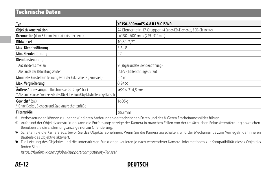 De-12 deutsch technische daten | FujiFilm XF 150-600mm f/5.6-8 R LM OIS WR Lens User Manual | Page 48 / 204