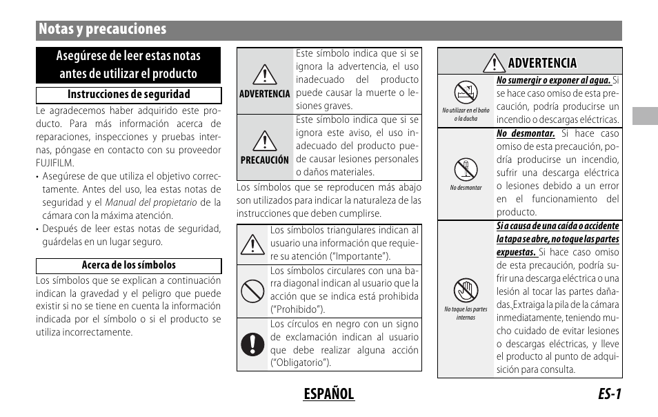 Es-1 español notas y precauciones, Advertencia advertencia | FujiFilm XF 150-600mm f/5.6-8 R LM OIS WR Lens User Manual | Page 49 / 204