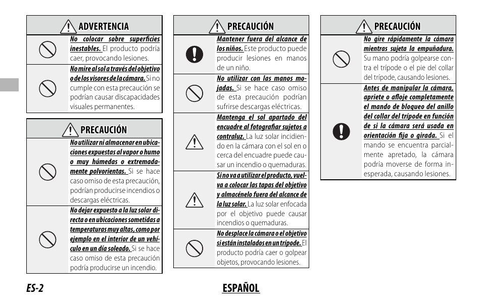 Es-2 español, Advertencia advertencia, Precaución precaución | FujiFilm XF 150-600mm f/5.6-8 R LM OIS WR Lens User Manual | Page 50 / 204