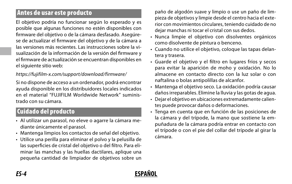 Es-4 español antes de usar este producto, Cuidado del producto | FujiFilm XF 150-600mm f/5.6-8 R LM OIS WR Lens User Manual | Page 52 / 204