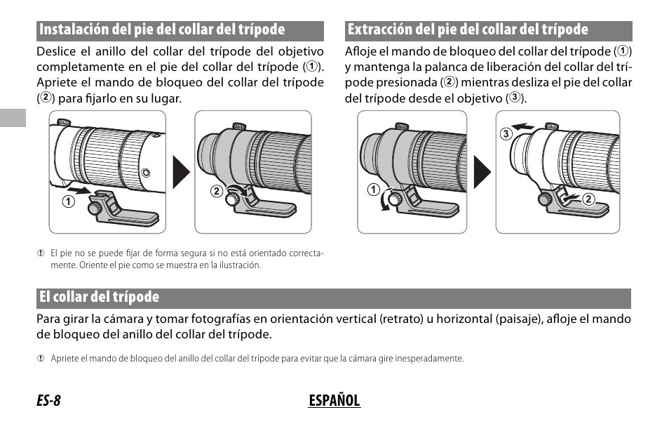Extracción del pie del collar del trípode, El collar del trípode | FujiFilm XF 150-600mm f/5.6-8 R LM OIS WR Lens User Manual | Page 56 / 204