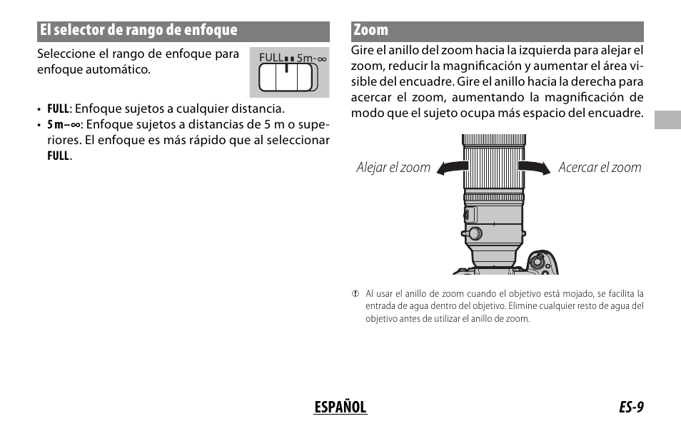 Es-9 español el selector de rango de enfoque, Zoom | FujiFilm XF 150-600mm f/5.6-8 R LM OIS WR Lens User Manual | Page 57 / 204