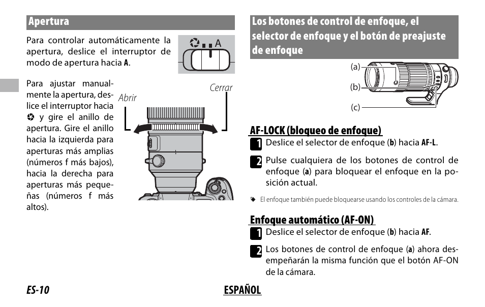 Es-10 español apertura, Af-lock (bloqueo de enfoque) 1, Enfoque automático (af-on) 1 | FujiFilm XF 150-600mm f/5.6-8 R LM OIS WR Lens User Manual | Page 58 / 204