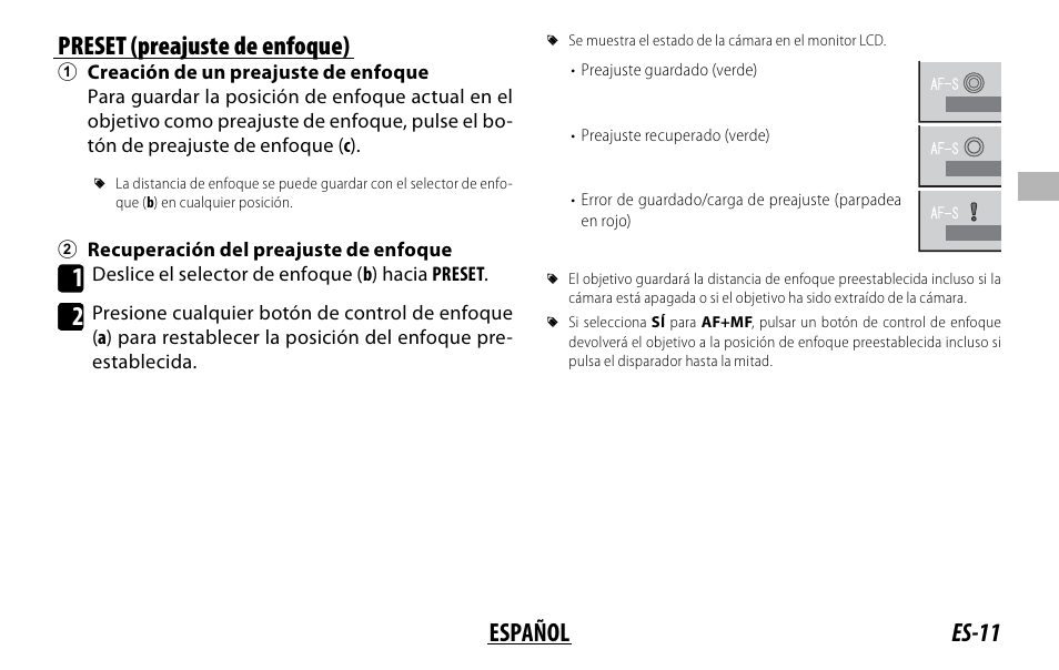 Es-11 español preset (preajuste de enfoque) | FujiFilm XF 150-600mm f/5.6-8 R LM OIS WR Lens User Manual | Page 59 / 204