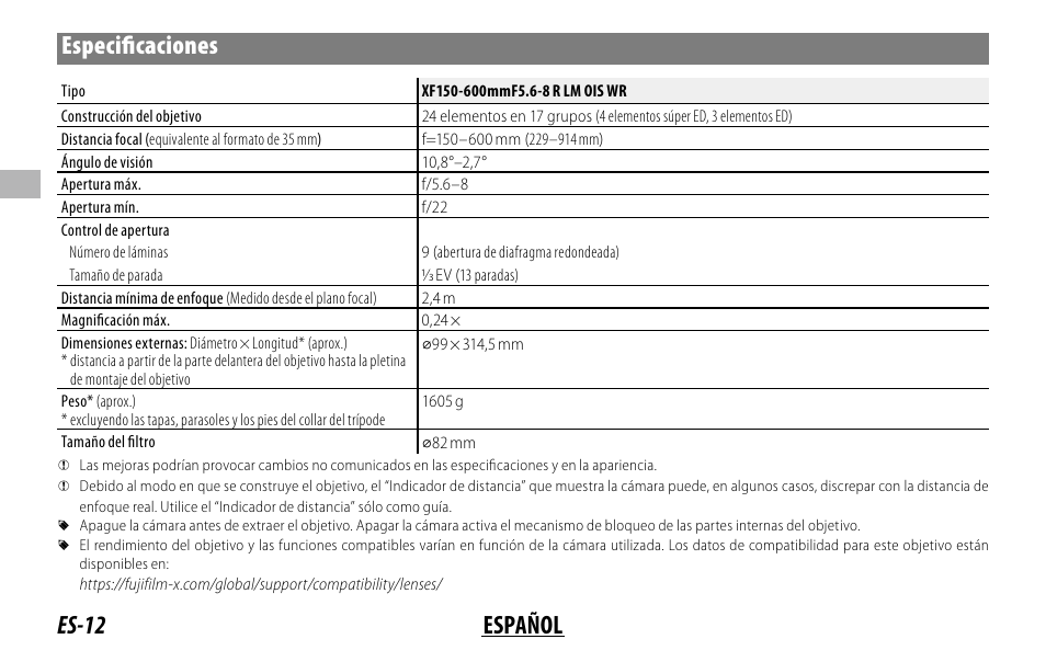 Es-12 español especifi caciones | FujiFilm XF 150-600mm f/5.6-8 R LM OIS WR Lens User Manual | Page 60 / 204