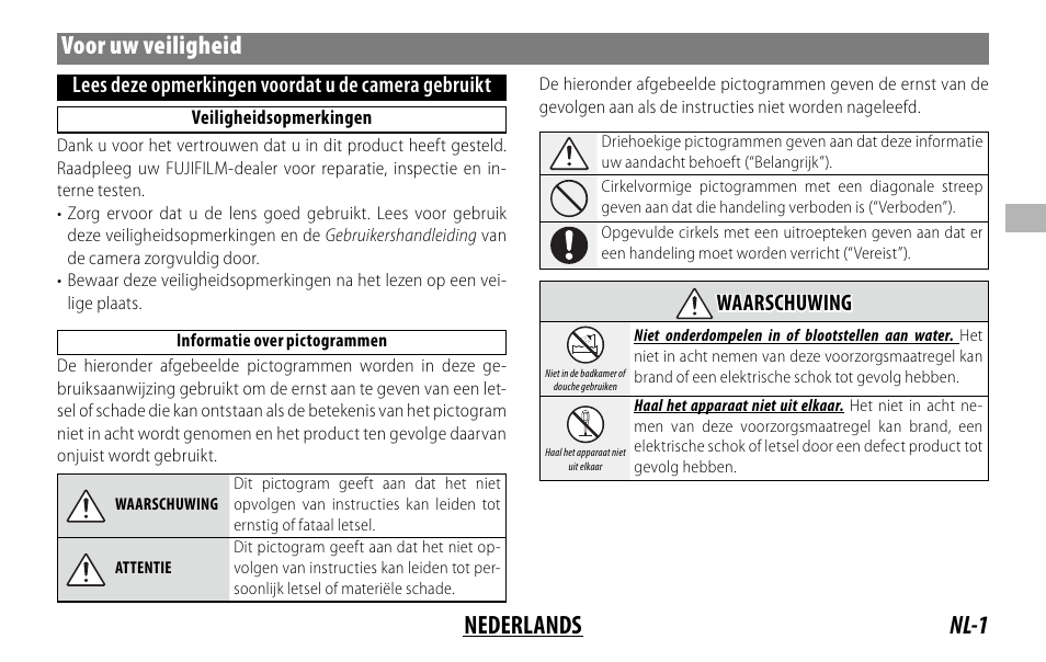 Nl-1 nederlands voor uw veiligheid, Lees deze opmerkingen voordat u de camera gebruikt, Waarschuwing waarschuwing | FujiFilm XF 150-600mm f/5.6-8 R LM OIS WR Lens User Manual | Page 61 / 204