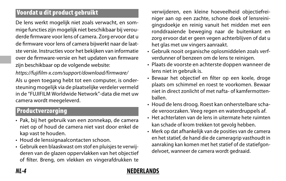 Nl-4 nederlands voordat u dit product gebruikt, Productverzorging | FujiFilm XF 150-600mm f/5.6-8 R LM OIS WR Lens User Manual | Page 64 / 204