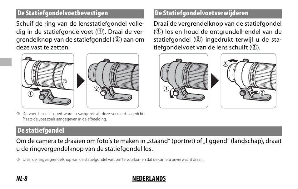 Nl-8 nederlands de statiefgondelvoetbevestigen, De statiefgondelvoetverwijderen, De statiefgondel | FujiFilm XF 150-600mm f/5.6-8 R LM OIS WR Lens User Manual | Page 68 / 204