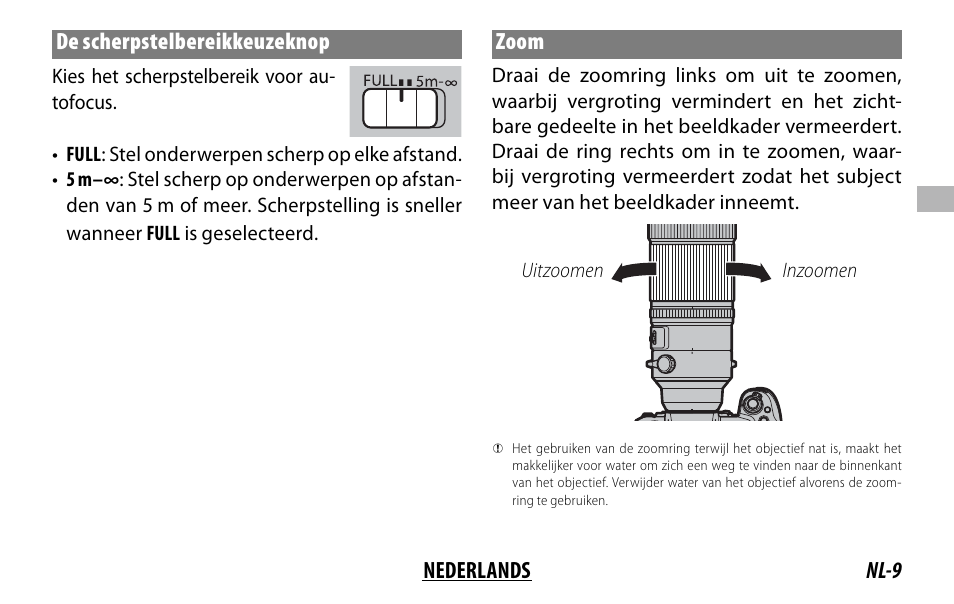 Nl-9 nederlands de scherpstelbereikkeuzeknop, Zoom | FujiFilm XF 150-600mm f/5.6-8 R LM OIS WR Lens User Manual | Page 69 / 204