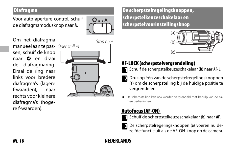 Nl-10 nederlands diafragma, Af-lock (scherpstelvergrendeling) 1, Autofocus (af-on) 1 | FujiFilm XF 150-600mm f/5.6-8 R LM OIS WR Lens User Manual | Page 70 / 204