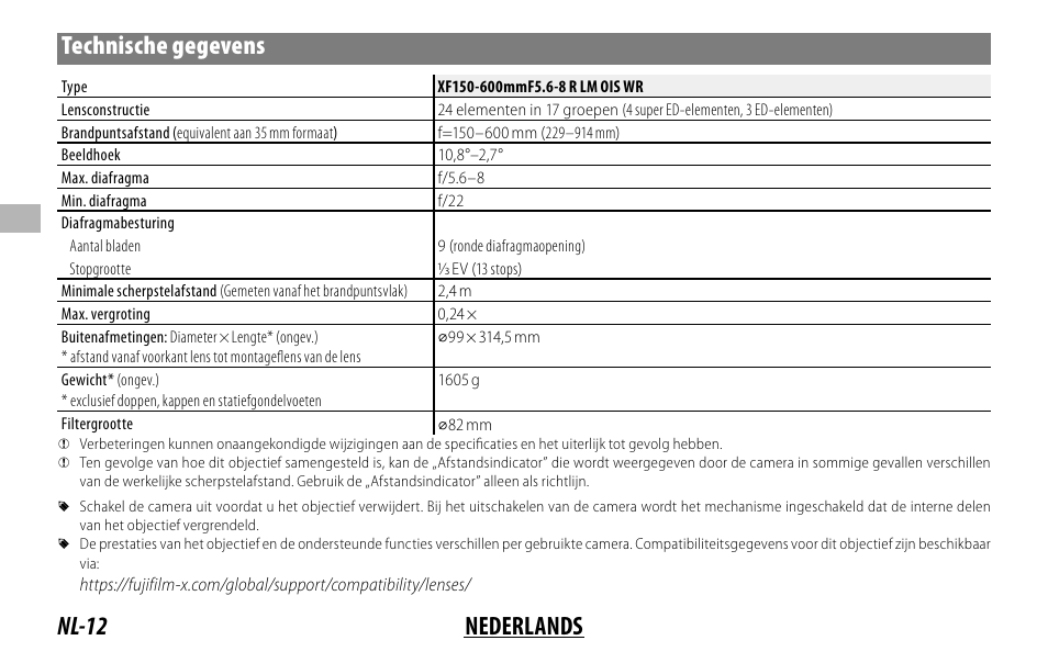 Nl-12 nederlands technische gegevens | FujiFilm XF 150-600mm f/5.6-8 R LM OIS WR Lens User Manual | Page 72 / 204