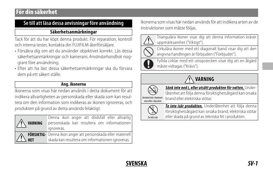 Sv-1 svenska för din säkerhet, Se till att läsa dessa anvisningar före användning, Varning varning | FujiFilm XF 150-600mm f/5.6-8 R LM OIS WR Lens User Manual | Page 73 / 204