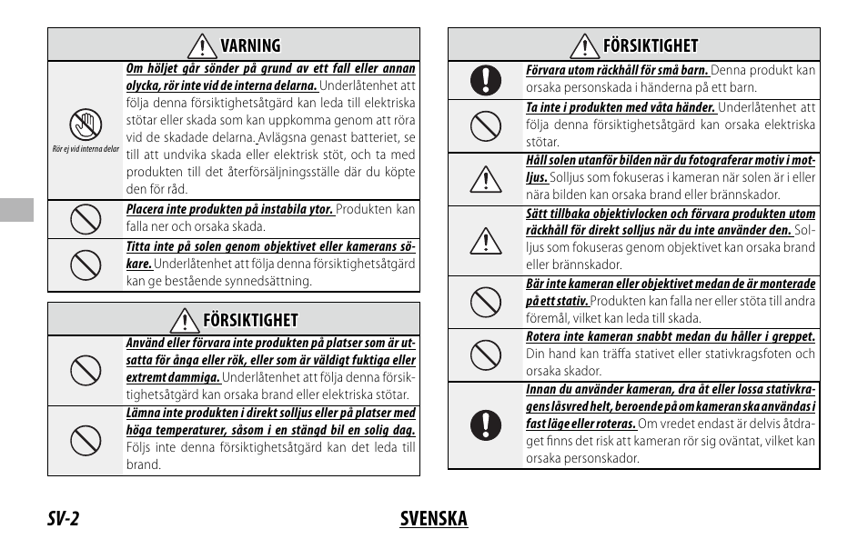 Sv-2 svenska, Varning varning, Försiktighet försiktighet | FujiFilm XF 150-600mm f/5.6-8 R LM OIS WR Lens User Manual | Page 74 / 204