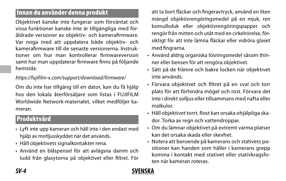 Sv-4 svenska innan du använder denna produkt, Produktvård | FujiFilm XF 150-600mm f/5.6-8 R LM OIS WR Lens User Manual | Page 76 / 204