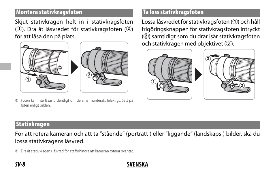 Sv-8 svenska montera stativkragsfoten, Ta loss stativkragsfoten, Stativkragen | FujiFilm XF 150-600mm f/5.6-8 R LM OIS WR Lens User Manual | Page 80 / 204