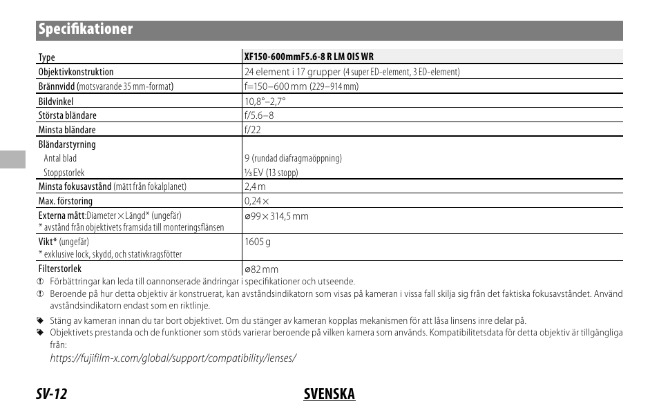 Sv-12 svenska specifi kationer | FujiFilm XF 150-600mm f/5.6-8 R LM OIS WR Lens User Manual | Page 84 / 204