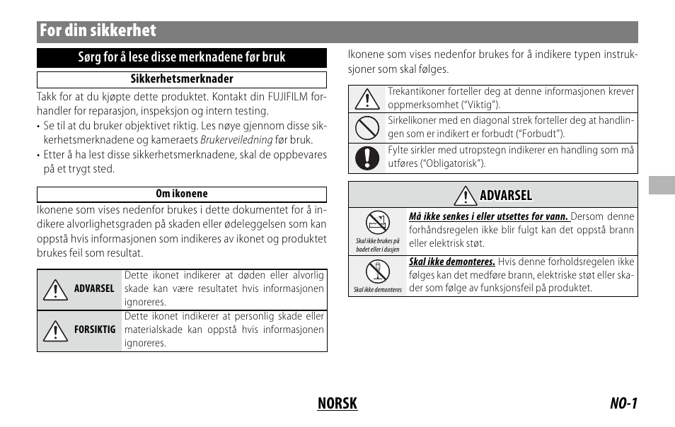 For din sikkerhet, No-1 norsk, Sørg for å lese disse merknadene før bruk | Advarsel advarsel | FujiFilm XF 150-600mm f/5.6-8 R LM OIS WR Lens User Manual | Page 85 / 204