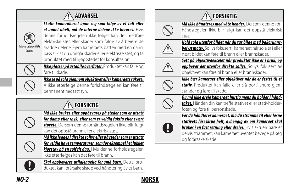 No-2 norsk, Advarsel advarsel, Forsiktig forsiktig | FujiFilm XF 150-600mm f/5.6-8 R LM OIS WR Lens User Manual | Page 86 / 204