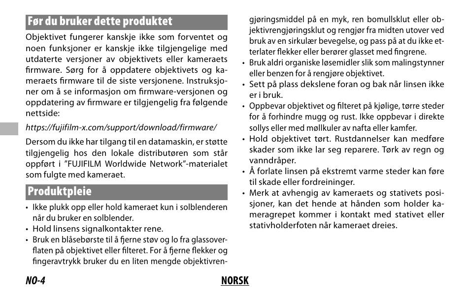 Før du bruker dette produktet, Produktpleie, No-4 norsk | FujiFilm XF 150-600mm f/5.6-8 R LM OIS WR Lens User Manual | Page 88 / 204