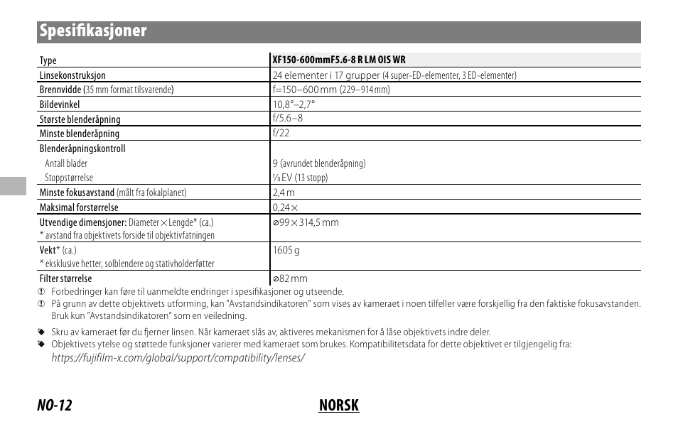 Spesifi kasjoner, No-12 norsk | FujiFilm XF 150-600mm f/5.6-8 R LM OIS WR Lens User Manual | Page 96 / 204