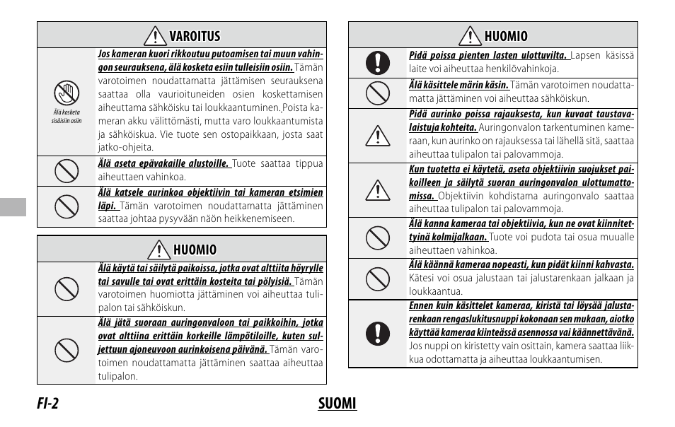 Fi-2 suomi, Varoitus varoitus, Huomio huomio | FujiFilm XF 150-600mm f/5.6-8 R LM OIS WR Lens User Manual | Page 98 / 204