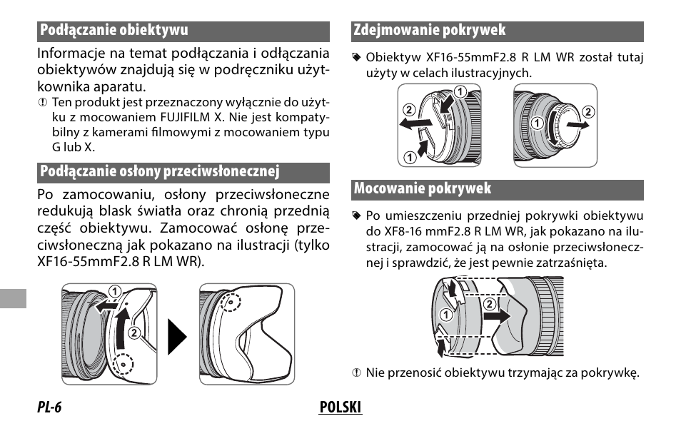 Pl-6 polski podłączanie obiektywu, Podłączanie osłony przeciwsłonecznej, Zdejmowanie pokrywek | Mocowanie pokrywek | FujiFilm XF 8-16mm f/2.8 R LM WR Lens User Manual | Page 102 / 140