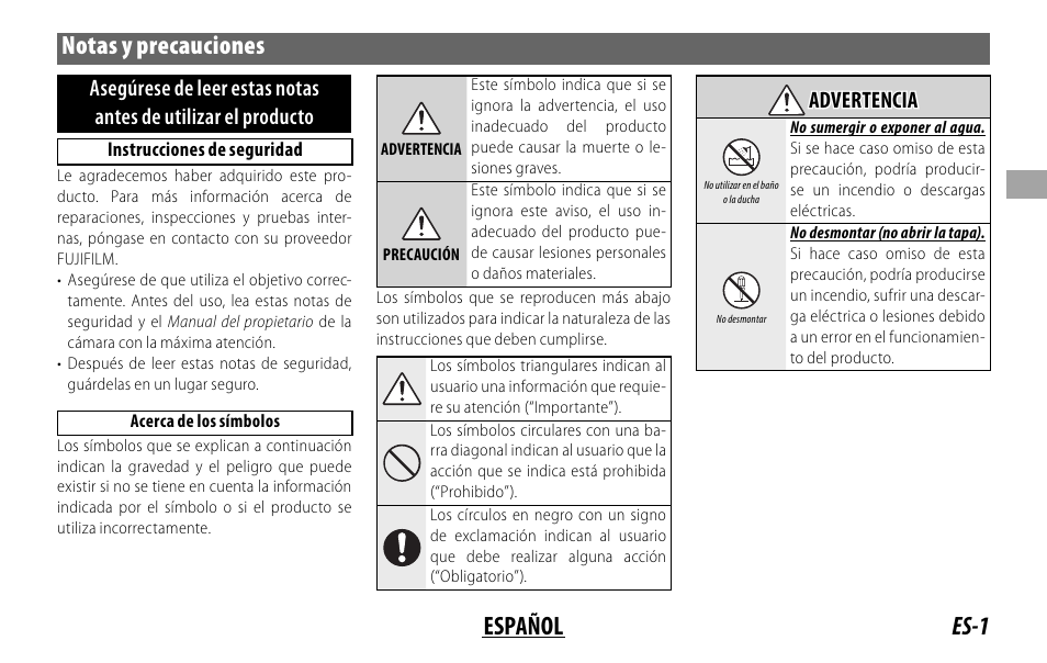 Es-1 español notas y precauciones, Advertencia advertencia | FujiFilm XF 8-16mm f/2.8 R LM WR Lens User Manual | Page 33 / 140