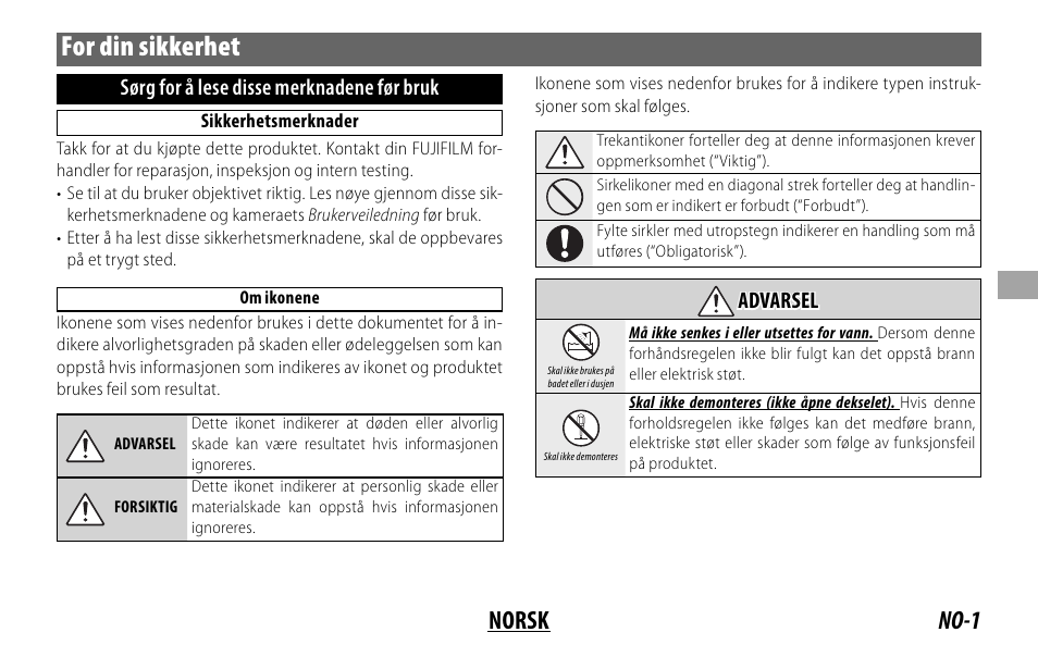 For din sikkerhet, No-1 norsk, Sørg for å lese disse merknadene før bruk | Advarsel advarsel | FujiFilm XF 8-16mm f/2.8 R LM WR Lens User Manual | Page 57 / 140