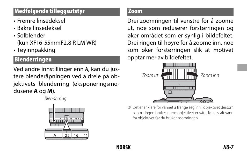 Medfølgende tilleggsutstyr, Blenderringen, Zoom | FujiFilm XF 8-16mm f/2.8 R LM WR Lens User Manual | Page 63 / 140