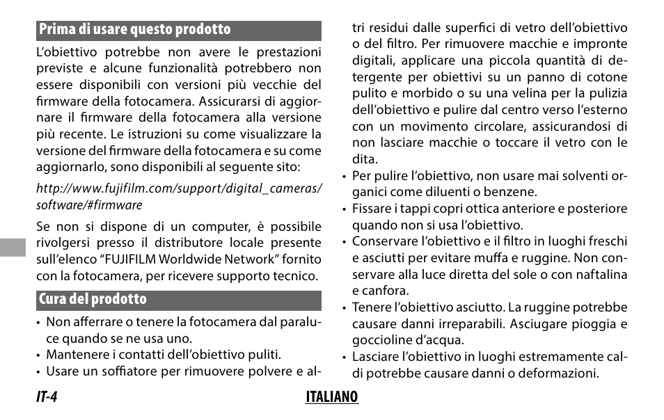 It-4 italiano prima di usare questo prodotto, Cura del prodotto | FujiFilm XF 8-16mm f/2.8 R LM WR Lens User Manual | Page 84 / 140