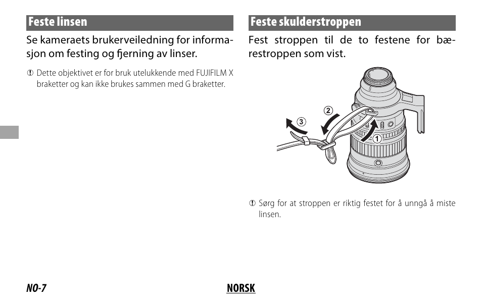 Feste linsen, Feste skulderstroppen | FujiFilm XF 200mm f/2 R LM OIS WR Lens with XF 1.4x TC F2 WR Teleconverter Kit User Manual | Page 112 / 256