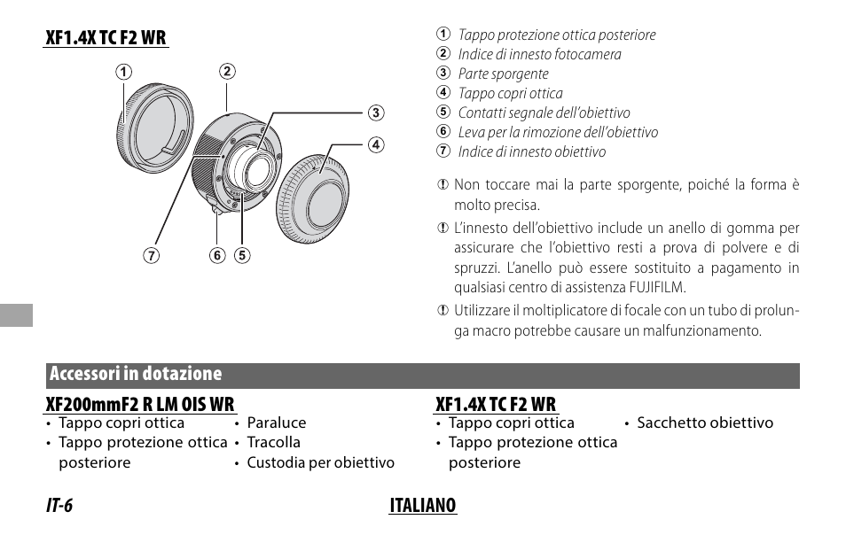 It-6 italiano xf1.4x tc f2 wr, Accessori in dotazione xf200mmf2 r lm ois wr, Xf1.4x tc f2 wr | FujiFilm XF 200mm f/2 R LM OIS WR Lens with XF 1.4x TC F2 WR Teleconverter Kit User Manual | Page 156 / 256