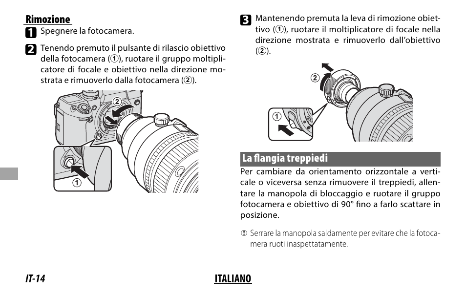 It-14 italiano rimozione, La fl angia treppiedi | FujiFilm XF 200mm f/2 R LM OIS WR Lens with XF 1.4x TC F2 WR Teleconverter Kit User Manual | Page 164 / 256