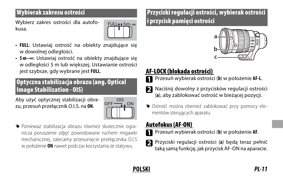 Pl-11 polski wybierak zakresu ostrości, Af-lock (blokada ostrości), Autofokus (af-on) | FujiFilm XF 200mm f/2 R LM OIS WR Lens with XF 1.4x TC F2 WR Teleconverter Kit User Manual | Page 191 / 256