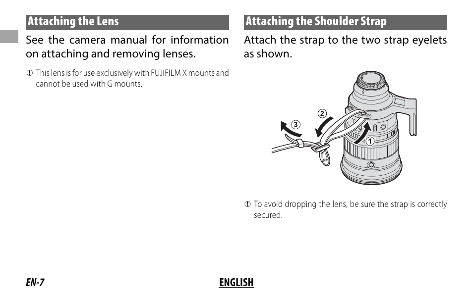 Attaching the lens, Attaching the shoulder strap | FujiFilm XF 200mm f/2 R LM OIS WR Lens with XF 1.4x TC F2 WR Teleconverter Kit User Manual | Page 22 / 256