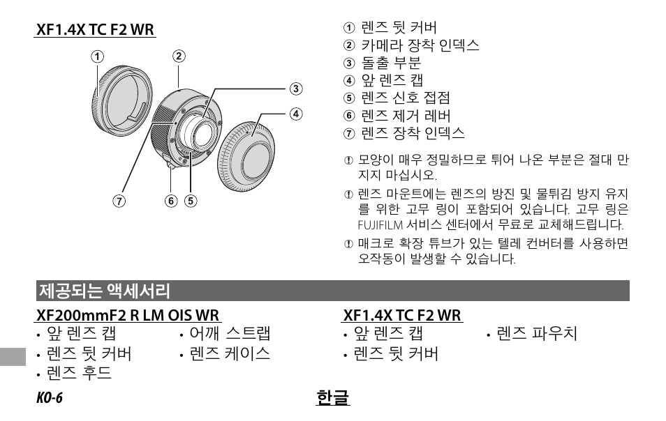 Ko-6 한글 xf1.4x tc f2 wr | FujiFilm XF 200mm f/2 R LM OIS WR Lens with XF 1.4x TC F2 WR Teleconverter Kit User Manual | Page 230 / 256