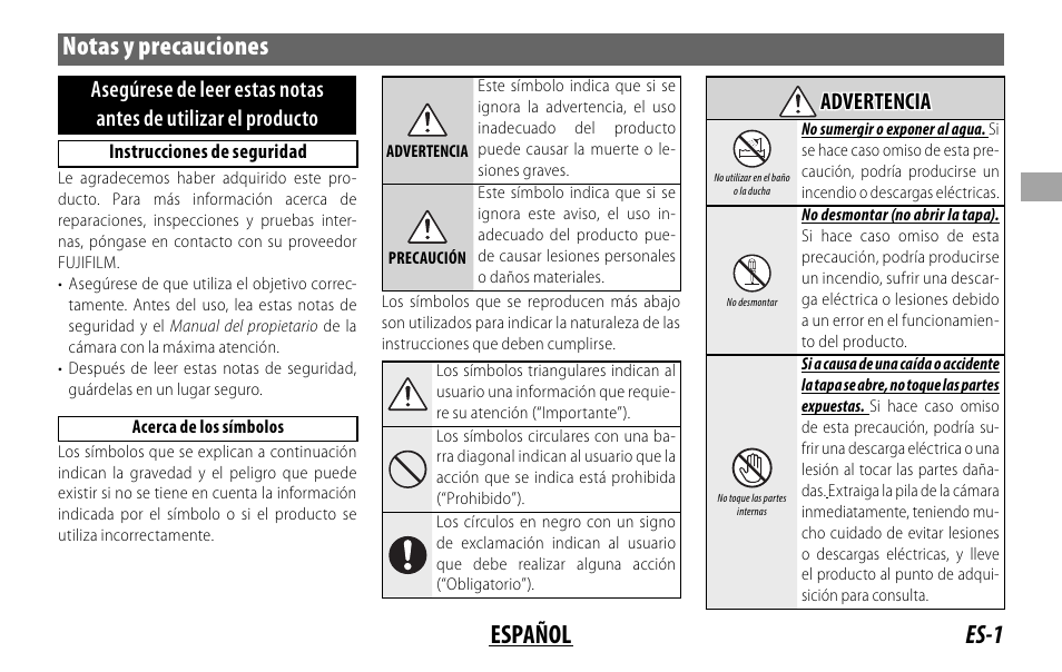 Es-1 español notas y precauciones, Advertencia advertencia | FujiFilm XF 200mm f/2 R LM OIS WR Lens with XF 1.4x TC F2 WR Teleconverter Kit User Manual | Page 61 / 256