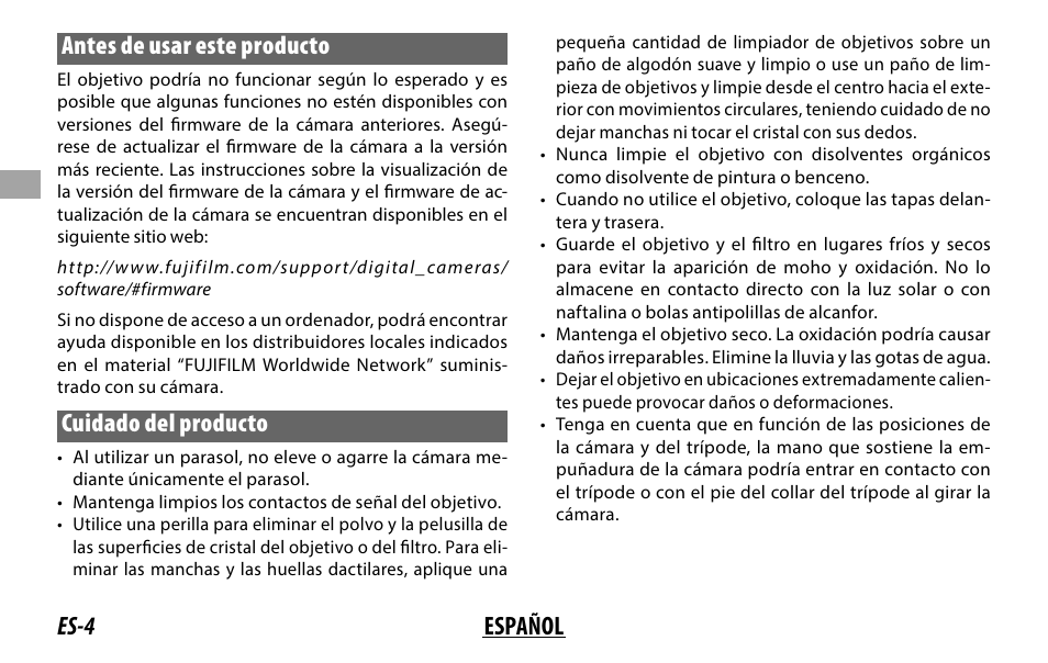 Es-4 español antes de usar este producto, Cuidado del producto | FujiFilm XF 200mm f/2 R LM OIS WR Lens with XF 1.4x TC F2 WR Teleconverter Kit User Manual | Page 64 / 256