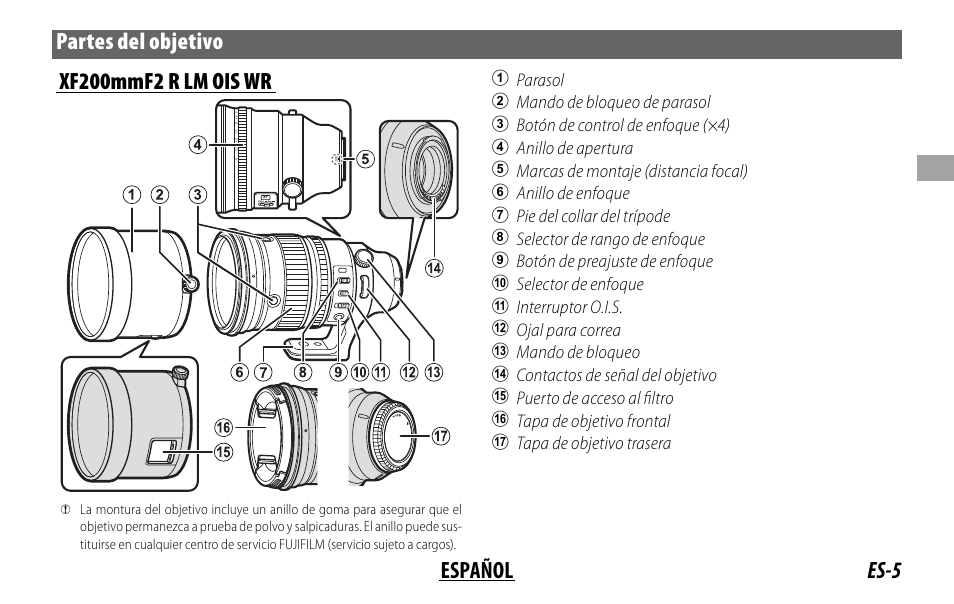 Parasol, Mando de bloqueo de parasol, Botón de control de enfoque (×4) | Anillo de apertura, Marcas de montaje (distancia focal), Anillo de enfoque, Pie del collar del trípode, Selector de rango de enfoque, Botón de preajuste de enfoque, Selector de enfoque | FujiFilm XF 200mm f/2 R LM OIS WR Lens with XF 1.4x TC F2 WR Teleconverter Kit User Manual | Page 65 / 256