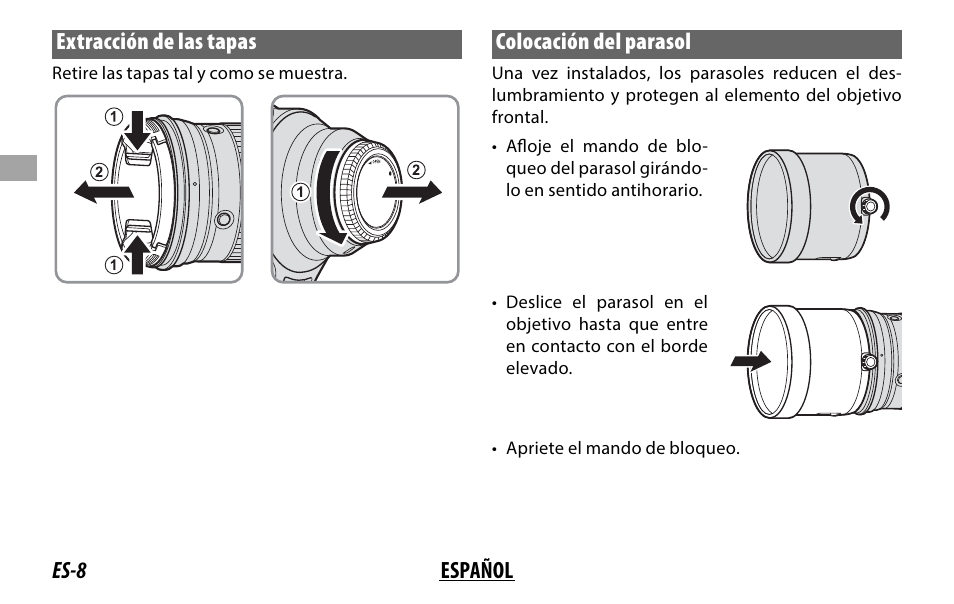 Es-8 español extracción de las tapas, Colocación del parasol | FujiFilm XF 200mm f/2 R LM OIS WR Lens with XF 1.4x TC F2 WR Teleconverter Kit User Manual | Page 68 / 256