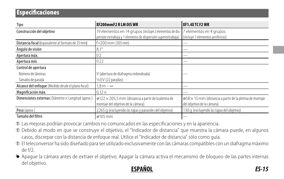 Es-15 español especifi caciones | FujiFilm XF 200mm f/2 R LM OIS WR Lens with XF 1.4x TC F2 WR Teleconverter Kit User Manual | Page 75 / 256