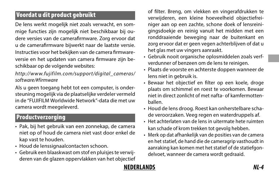 Nl-4 nederlands voordat u dit product gebruikt, Productverzorging | FujiFilm XF 200mm f/2 R LM OIS WR Lens with XF 1.4x TC F2 WR Teleconverter Kit User Manual | Page 79 / 256