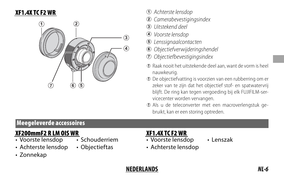 Nl-6 nederlands xf1.4x tc f2 wr, Meegeleverde accessoires xf200mmf2 r lm ois wr, Xf1.4x tc f2 wr | FujiFilm XF 200mm f/2 R LM OIS WR Lens with XF 1.4x TC F2 WR Teleconverter Kit User Manual | Page 81 / 256