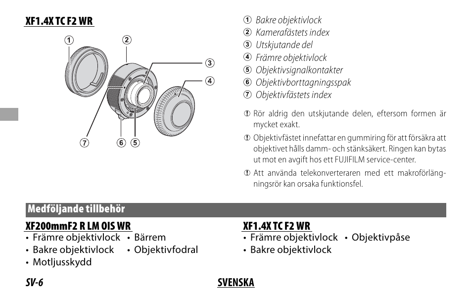 Sv-6 svenska xf1.4x tc f2 wr, Medföljande tillbehör xf200mmf2 r lm ois wr, Xf1.4x tc f2 wr | FujiFilm XF 200mm f/2 R LM OIS WR Lens with XF 1.4x TC F2 WR Teleconverter Kit User Manual | Page 96 / 256