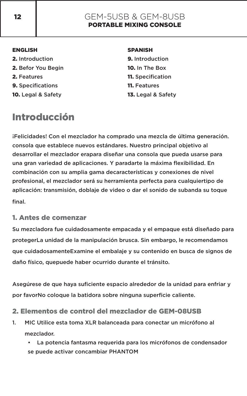 Introducción, Gem-5usb & gem-8usb, Antes de comenzar | Elementos de control del mezclador de gem-08usb | Gemini GEM-8USB Compact 8-Channel Bluetooth Audio Mixer with USB User Manual | Page 12 / 22