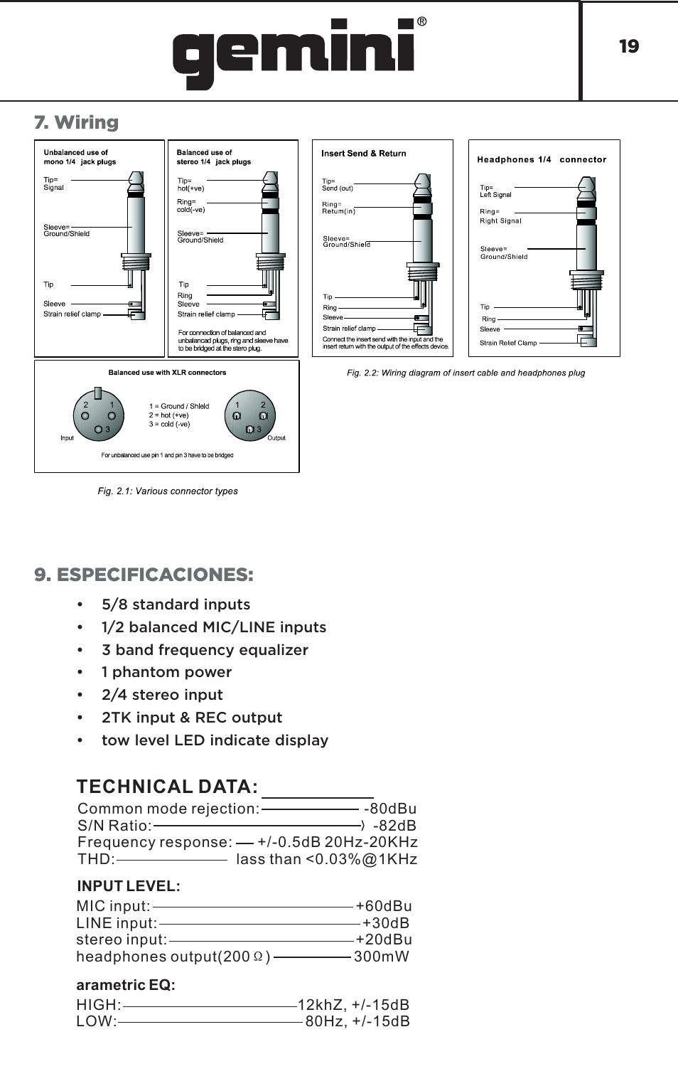 19 7. wiring 9. especificaciones, Technical data | Gemini GEM-8USB Compact 8-Channel Bluetooth Audio Mixer with USB User Manual | Page 19 / 22