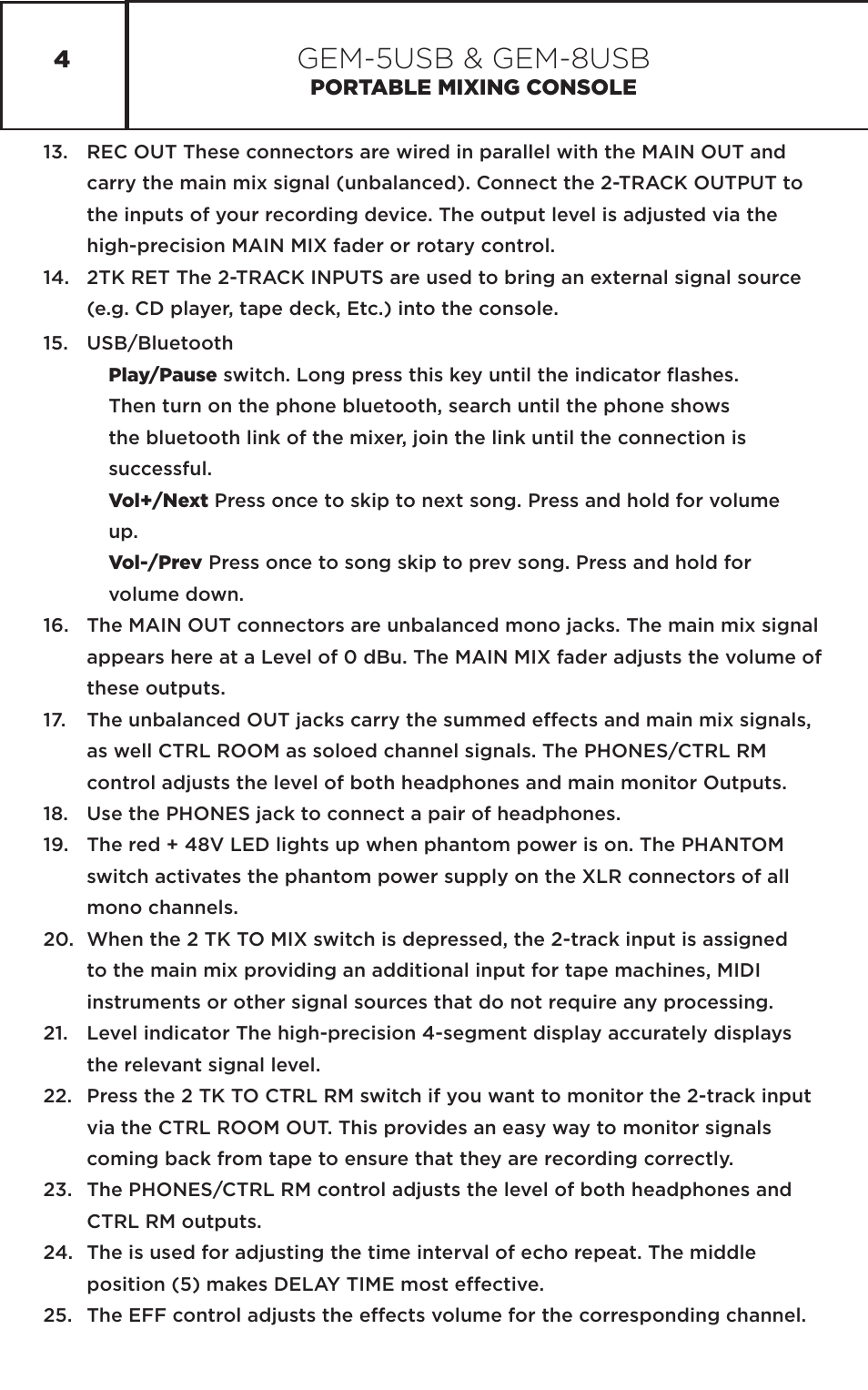 Gem-5usb & gem-8usb | Gemini GEM-8USB Compact 8-Channel Bluetooth Audio Mixer with USB User Manual | Page 4 / 22